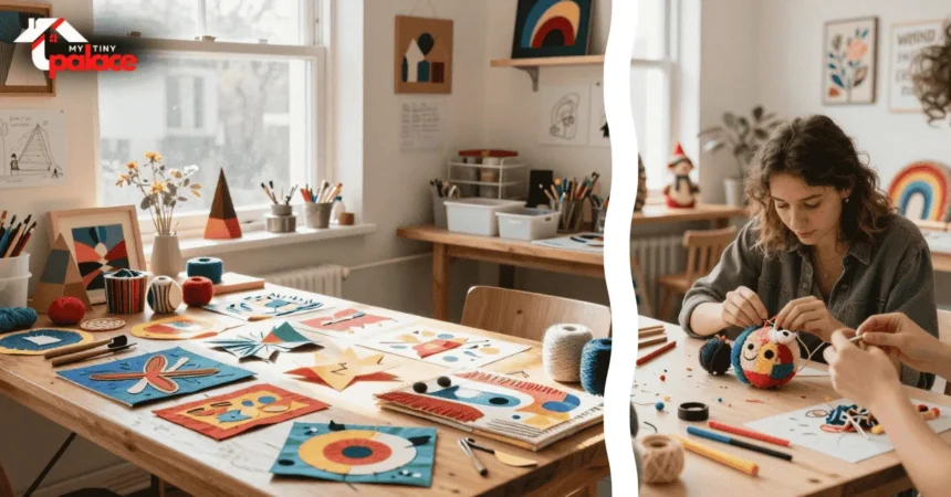 An overhead view of a wooden workbench featuring colorful threads, metallic wire, and small hand tools arranged around a partially completed craft project.