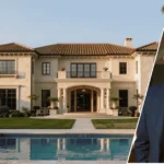 An exterior photograph of the jordan belfort house featuring the large shingle-style architecture and green landscape in the background with a framed portrait of Jordan Belfort in the foreground.