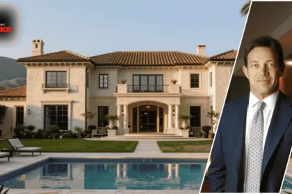 An exterior photograph of the jordan belfort house featuring the large shingle-style architecture and green landscape in the background with a framed portrait of Jordan Belfort in the foreground.