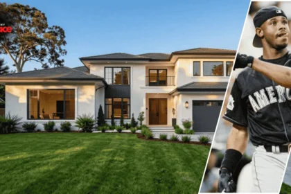 An image of the ken griffey jr house showcasing the sprawling luxury estate in the background with a framed portrait of Ken Griffey Jr positioned in the foreground.