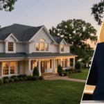 A photograph of the pat sajak house featuring the colonial architecture and greenery in the background with a framed portrait of Pat Sajak placed in the foreground.