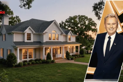 A photograph of the pat sajak house featuring the colonial architecture and greenery in the background with a framed portrait of Pat Sajak placed in the foreground.