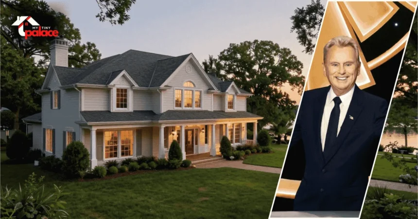 A photograph of the pat sajak house featuring the colonial architecture and greenery in the background with a framed portrait of Pat Sajak placed in the foreground.