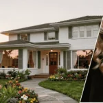 A photograph of the Barbara Eden house showing the exterior architecture in the background with a framed portrait of Barbara Eden positioned in the foreground.