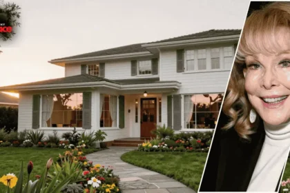 A photograph of the Barbara Eden house showing the exterior architecture in the background with a framed portrait of Barbara Eden positioned in the foreground.