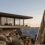 A photograph of the Bosch House LA featuring the glass-walled architectural structure in the background and a framed portrait of the owner placed in the front.