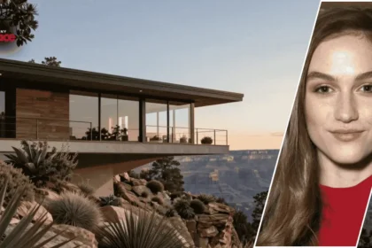 A photograph of the Bosch House LA featuring the glass-walled architectural structure in the background and a framed portrait of the owner placed in the front.