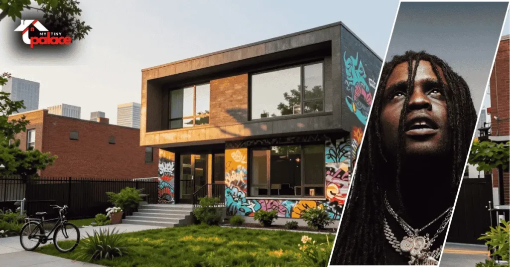 A clear photograph featuring the Chief Keef Chicago House in the background and a framed portrait of the owner in the foreground.