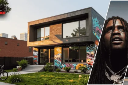 A clear photograph featuring the Chief Keef Chicago House in the background and a framed portrait of the owner in the foreground.