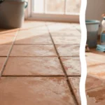 A close-up of a professional pH-neutral cleaning solution and a soft scrubbing brush in the foreground with a wide view of a sunlit patio featuring clean unsealed terracotta tiles in the background.