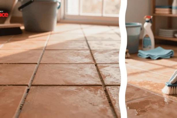 A close-up of a professional pH-neutral cleaning solution and a soft scrubbing brush in the foreground with a wide view of a sunlit patio featuring clean unsealed terracotta tiles in the background.