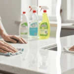 A close-up of a soft microfiber cloth and a gentle stone cleaner in the foreground with a polished white engineered quartz countertop and a newly renovated modern kitchen in the background.