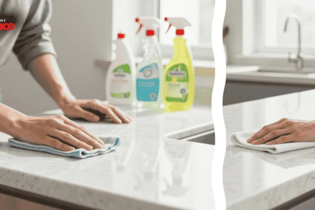 A close-up of a soft microfiber cloth and a gentle stone cleaner in the foreground with a polished white engineered quartz countertop and a newly renovated modern kitchen in the background.