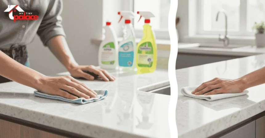 A close-up of a soft microfiber cloth and a gentle stone cleaner in the foreground with a polished white engineered quartz countertop and a newly renovated modern kitchen in the background.
