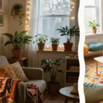 A bright living area featuring dopamine decor for small spaces with a colorful accent wall and plush textiles in the background while the foreground shows a close-up of a high-gloss ceramic hardware piece.