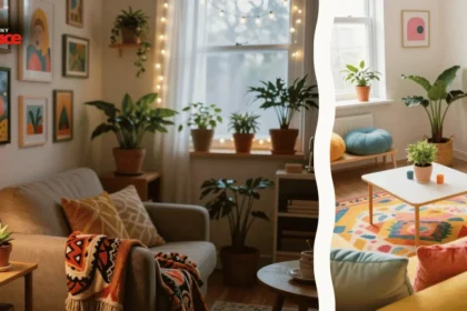 A bright living area featuring dopamine decor for small spaces with a colorful accent wall and plush textiles in the background while the foreground shows a close-up of a high-gloss ceramic hardware piece.