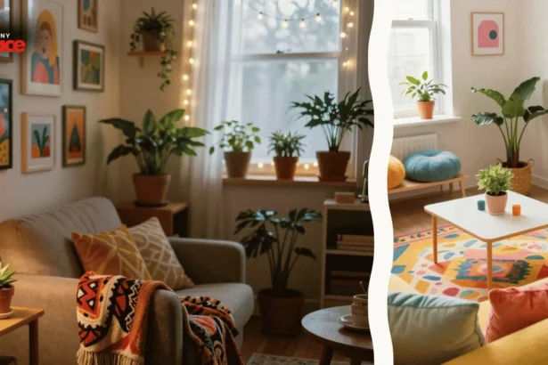 A bright living area featuring dopamine decor for small spaces with a colorful accent wall and plush textiles in the background while the foreground shows a close-up of a high-gloss ceramic hardware piece.