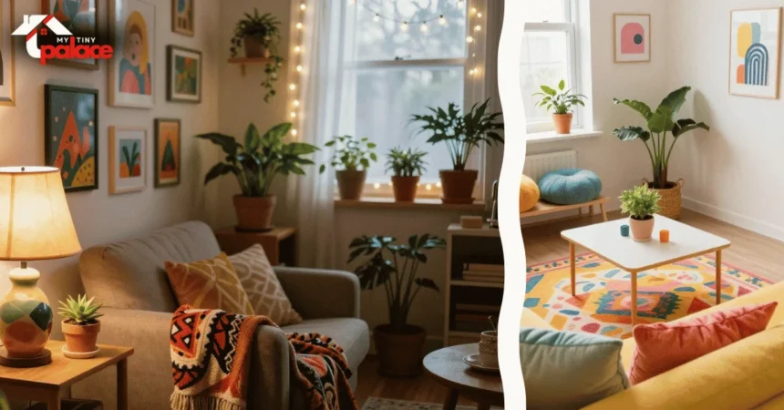 A bright living area featuring dopamine decor for small spaces with a colorful accent wall and plush textiles in the background while the foreground shows a close-up of a high-gloss ceramic hardware piece.
