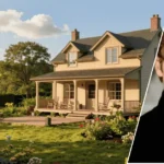 A photograph of the Hayden Christensen house featuring the architectural design of the residence in the background and a framed portrait of Hayden Christensen positioned in the foreground.