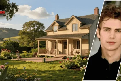A photograph of the Hayden Christensen house featuring the architectural design of the residence in the background and a framed portrait of Hayden Christensen positioned in the foreground.