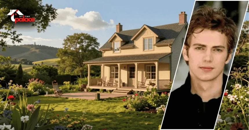 A photograph of the Hayden Christensen house featuring the architectural design of the residence in the background and a framed portrait of Hayden Christensen positioned in the foreground.