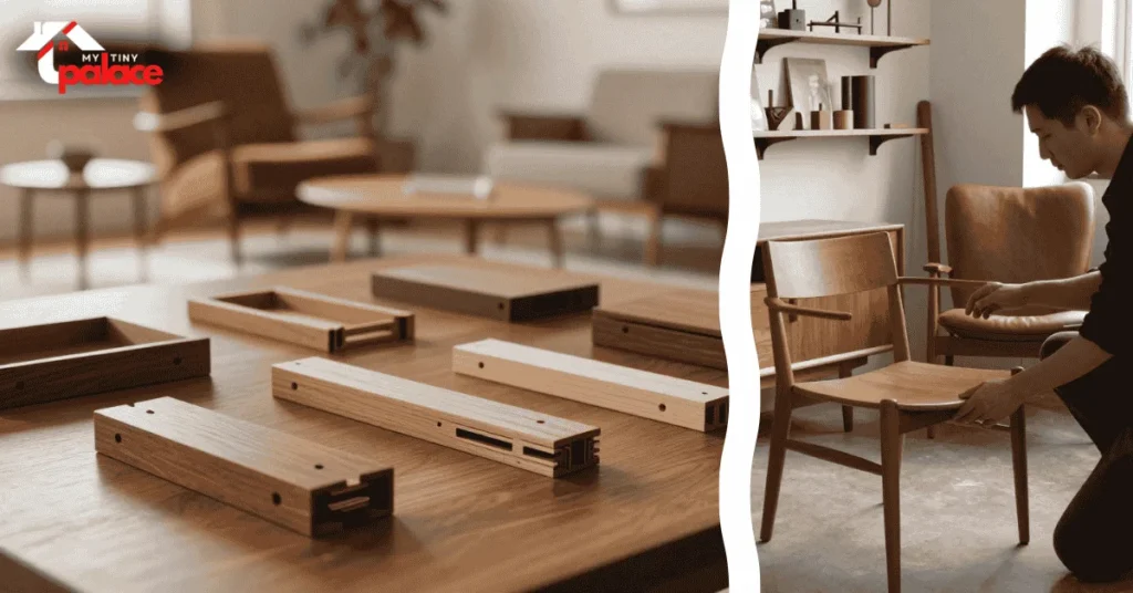 A close-up view of a precision wood chisel resting near a masterfully crafted dovetail joint in the foreground with a restored mid century modern sideboard showing its identify MCM furniture joinery in the background.