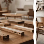 A close-up view of a precision wood chisel resting near a masterfully crafted dovetail joint in the foreground with a restored mid century modern sideboard showing its identify MCM furniture joinery in the background.