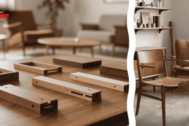 A close-up view of a precision wood chisel resting near a masterfully crafted dovetail joint in the foreground with a restored mid century modern sideboard showing its identify MCM furniture joinery in the background.