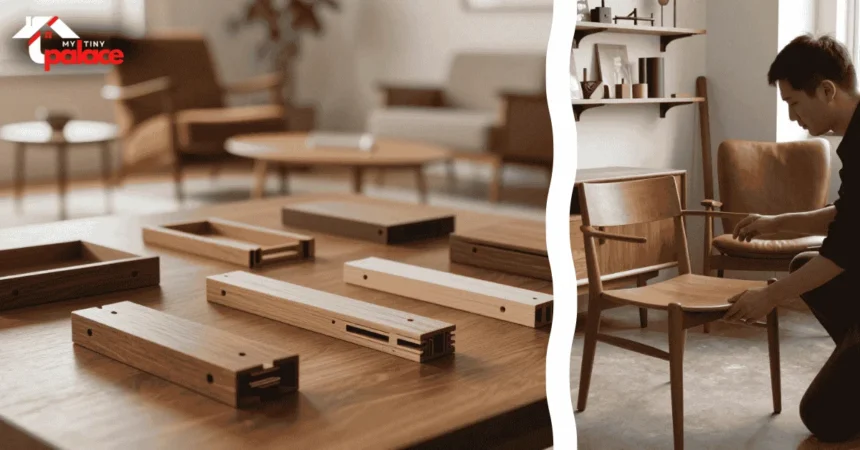 A close-up view of a precision wood chisel resting near a masterfully crafted dovetail joint in the foreground with a restored mid century modern sideboard showing its identify MCM furniture joinery in the background.