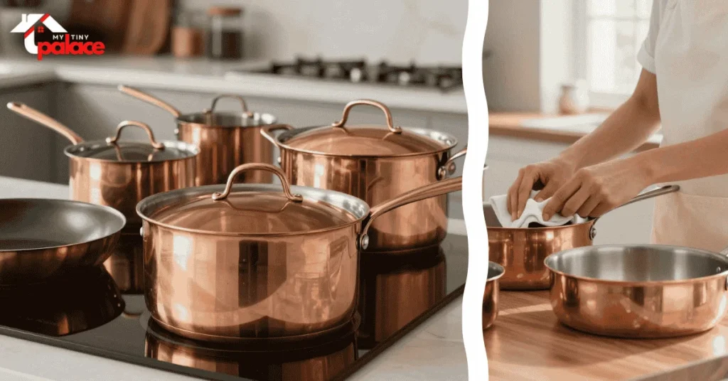 A set of induction copper cookware sits on a newly installed marble countertop with a renovated kitchen in the background and a close-up of the precision-bonded magnetic base in the foreground.