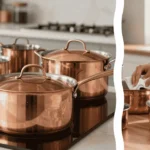 A set of induction copper cookware sits on a newly installed marble countertop with a renovated kitchen in the background and a close-up of the precision-bonded magnetic base in the foreground.
