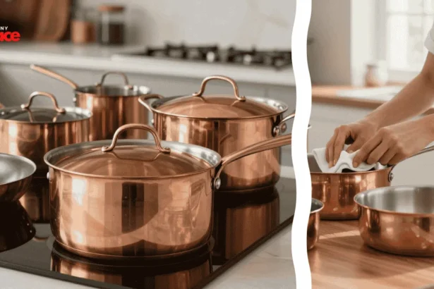 A set of induction copper cookware sits on a newly installed marble countertop with a renovated kitchen in the background and a close-up of the precision-bonded magnetic base in the foreground.