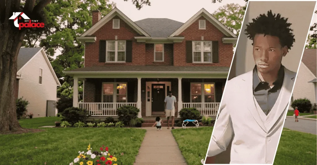 An exterior view of the karmelo anthony parents house featuring the suburban architecture in the background and a framed portrait of Karmelo Anthony in the foreground.