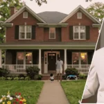 An exterior view of the karmelo anthony parents house featuring the suburban architecture in the background and a framed portrait of Karmelo Anthony in the foreground.
