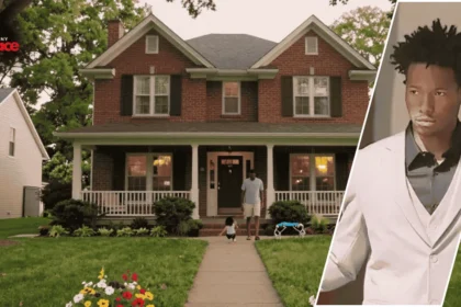 An exterior view of the karmelo anthony parents house featuring the suburban architecture in the background and a framed portrait of Karmelo Anthony in the foreground.