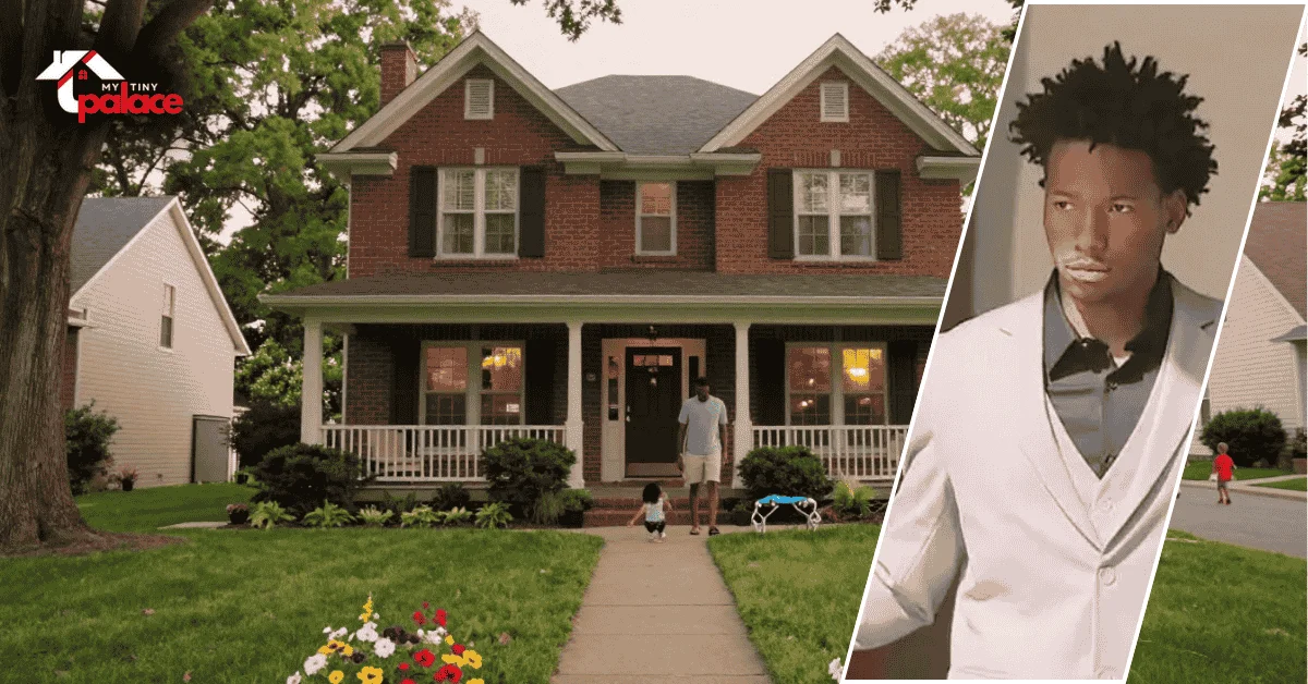 An exterior view of the karmelo anthony parents house featuring the suburban architecture in the background and a framed portrait of Karmelo Anthony in the foreground.