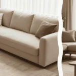 A close-up of premium linen upholstery texture in the foreground with a versatile modular sofa for small rooms arranged in a cozy renovated studio apartment in the background.