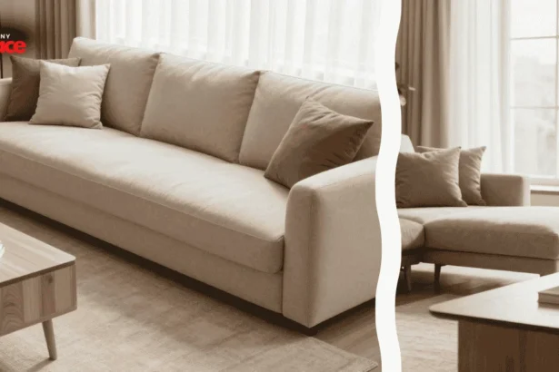 A close-up of premium linen upholstery texture in the foreground with a versatile modular sofa for small rooms arranged in a cozy renovated studio apartment in the background.