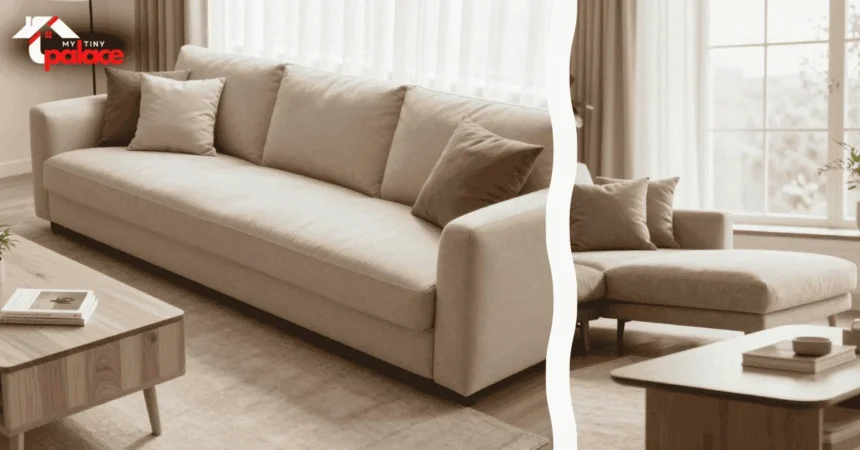 A close-up of premium linen upholstery texture in the foreground with a versatile modular sofa for small rooms arranged in a cozy renovated studio apartment in the background.