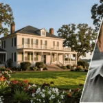 A view of the nicholas sparks new bern house showing the large manor with its riverfront architecture in the background and a framed portrait of Nicholas Sparks in the foreground.