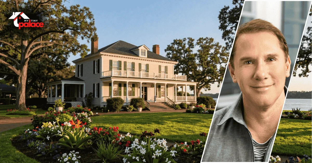 A view of the nicholas sparks new bern house showing the large manor with its riverfront architecture in the background and a framed portrait of Nicholas Sparks in the foreground.