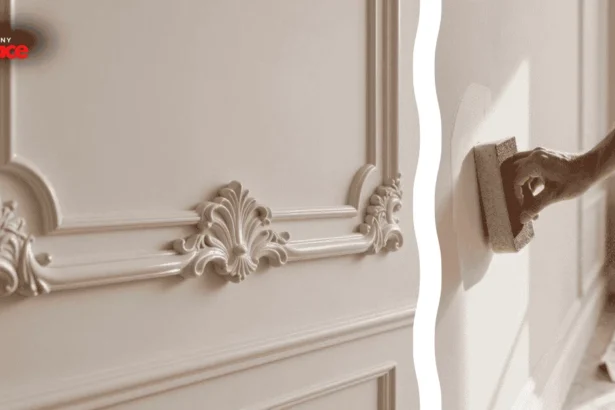 A detailed view of a high-quality adhesive strip being applied to a lightweight trim piece in the foreground with a living room featuring completed removable box molding for rentals on the back wall.