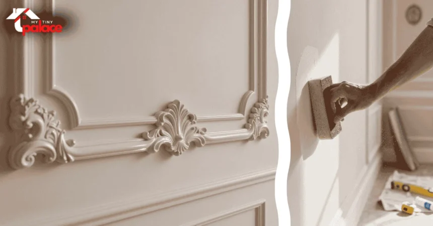 A detailed view of a high-quality adhesive strip being applied to a lightweight trim piece in the foreground with a living room featuring completed removable box molding for rentals on the back wall.