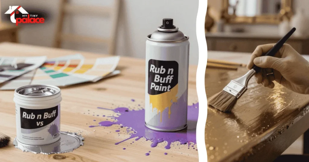 A comparison of rub n buff vs spray paint results on vintage cabinet hardware with a renovated kitchen in the background and a close-up of a soft buffing cloth and a tube of metallic wax in the foreground.
