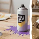 A comparison of rub n buff vs spray paint results on vintage cabinet hardware with a renovated kitchen in the background and a close-up of a soft buffing cloth and a tube of metallic wax in the foreground.