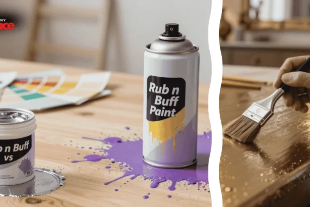 A comparison of rub n buff vs spray paint results on vintage cabinet hardware with a renovated kitchen in the background and a close-up of a soft buffing cloth and a tube of metallic wax in the foreground.