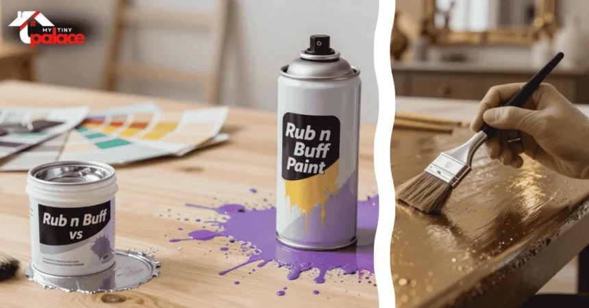 A comparison of rub n buff vs spray paint results on vintage cabinet hardware with a renovated kitchen in the background and a close-up of a soft buffing cloth and a tube of metallic wax in the foreground.