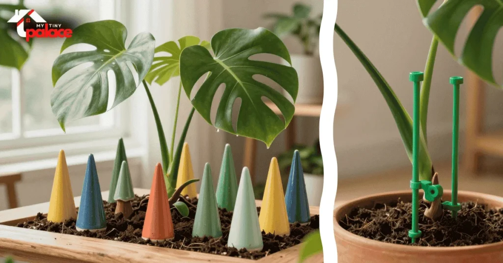 A close-up of a porous terracotta watering tool in the foreground with several self watering spikes for monstera installed in large planters within a sunlit modern living room renovation in the background.