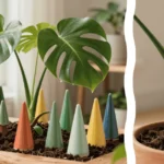 A close-up of a porous terracotta watering tool in the foreground with several self watering spikes for monstera installed in large planters within a sunlit modern living room renovation in the background.