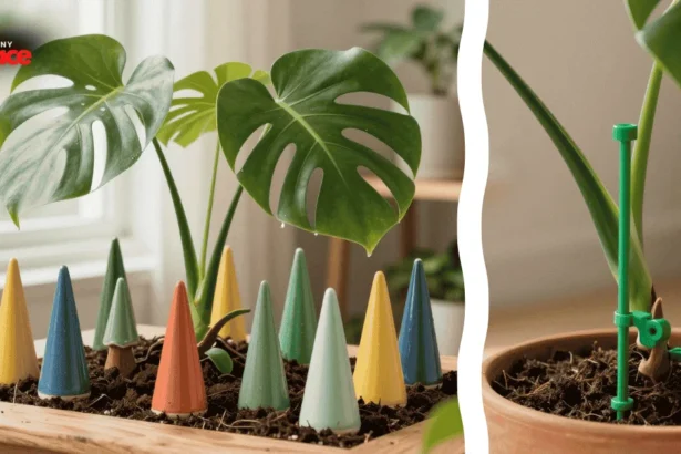 A close-up of a porous terracotta watering tool in the foreground with several self watering spikes for monstera installed in large planters within a sunlit modern living room renovation in the background.